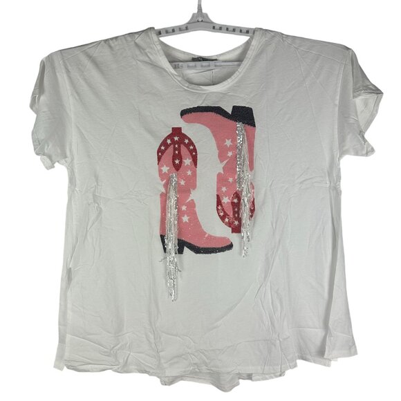 Cowboy Boot Sequin Fringe T-Shirt By Blue b. Collection - Size L - Picture 1 of 7